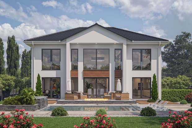 Stadtvilla von RENSCH-HAUS. Calgary. Terrassenansicht bei Tag.