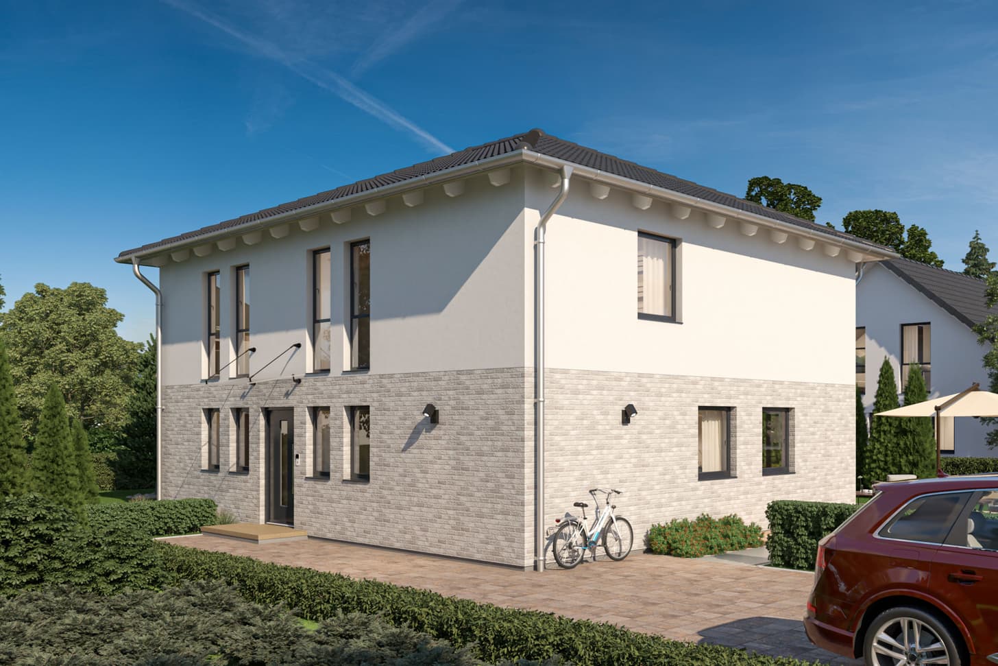 Außenansicht der Hausplanung City XXL des Fertighausherstellers STREIF mit Klinkerfassade.