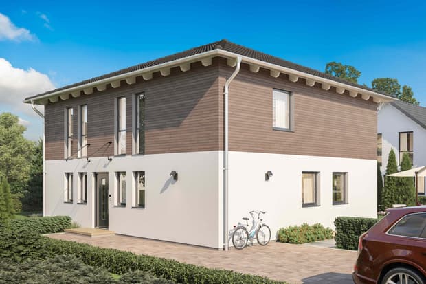 „Fertighaus Stadtvilla kubisch zweigeschossig Walmdach Überstand, Putz weiß, Holzfassade oben, schmale und große Fenster, Eingang mit Fahrrad
