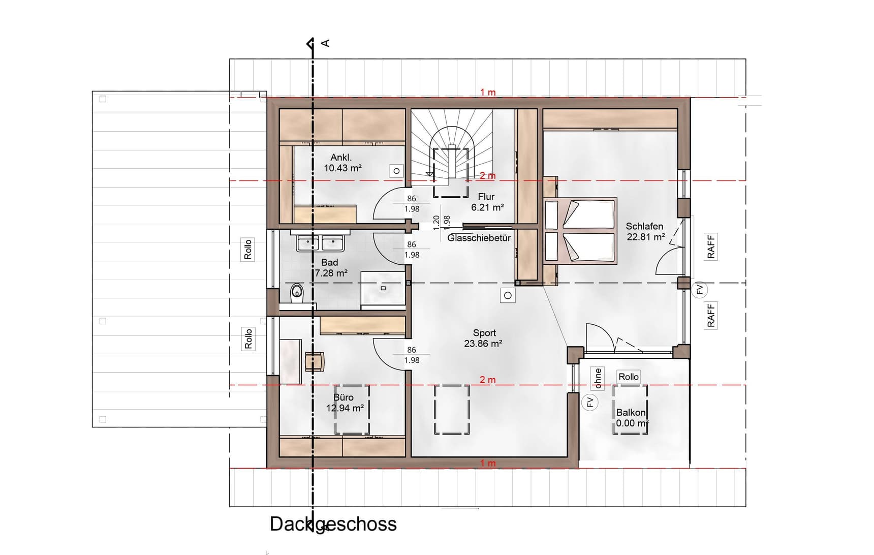 Der Grundriss des OGs des modernen Holzhauses im Landhausstil mit Holzfassade, Holz-Alu-Fenstern und großzügigen Balkonen