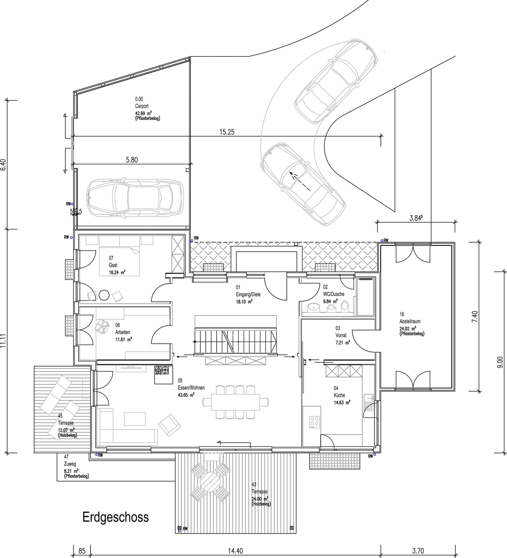 Der Grundriss des EGs des modernen Holzhauses im Landhausstil mit Holzfassade aus Lärchenholzbohlen und Doppelcarport