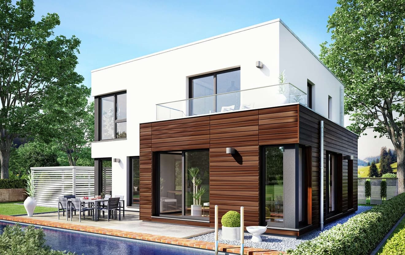 Einfamilienhaus mit kubischem Anbau und Dachterrasse