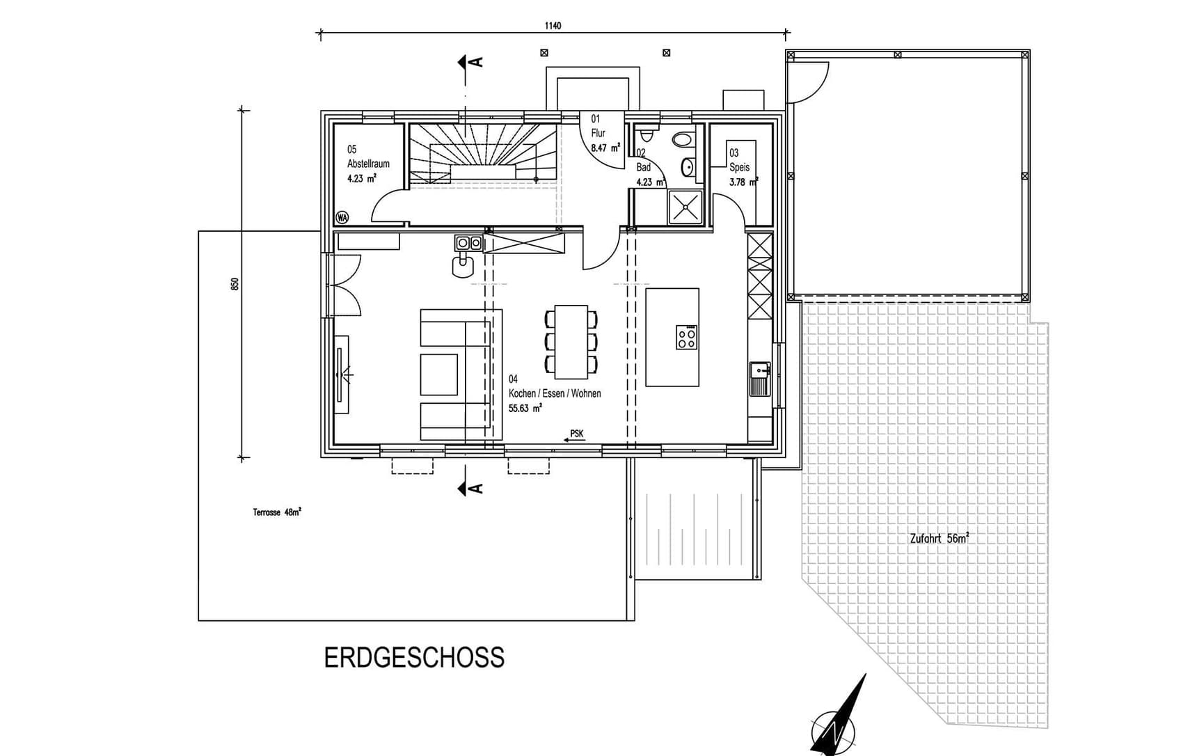 Der Grundriss des EGs des modernen Holzhauses im Landhausstil mit Mischfassade aus mineralischem Putz und Holz