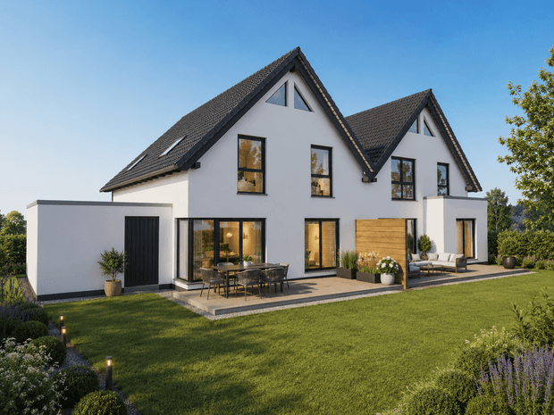 Modernes Doppelhaus mit weißer Fassade, schwarzem Satteldach und Terrasse mit Gartenmöbeln an sonnigem Tag