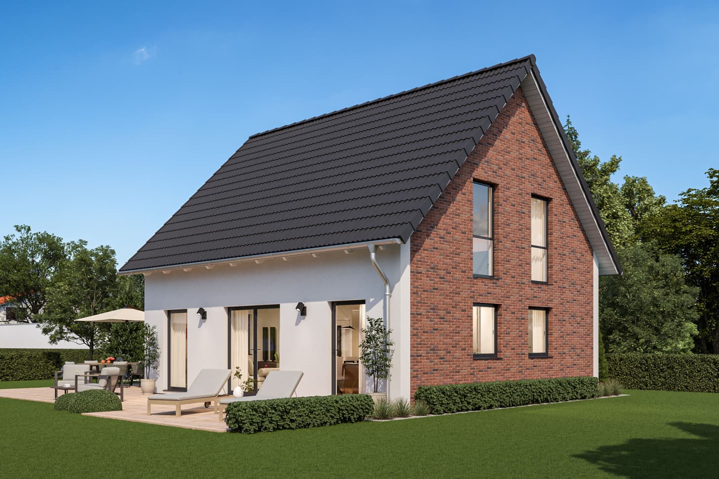 Außenansicht der Hausplanung Family L des Fertighausherstellers STREIF mit Klinkerfassade.