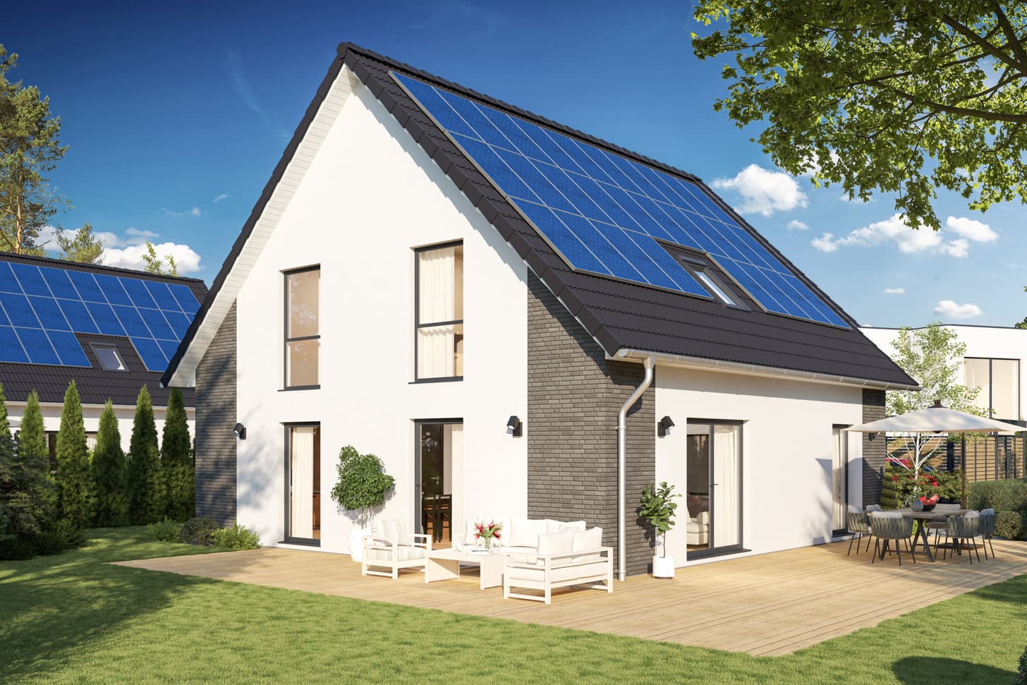 Außenansicht der Hausplanung Family XXL des Fertighausherstellers STREIF mit Klinkerfassade.