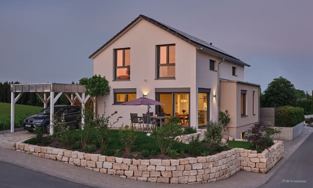 Modernes zweistöckiges Einfamilienhaus mit weißem Putz, Terrasse, Garten und Carport am Abend