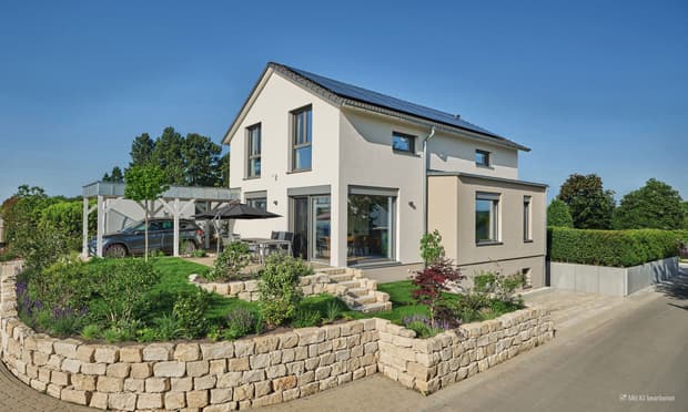 Modernes Einfamilienhaus mit heller Fassade, Solarpaneelen, Carport, Terrasse und Steingarten in sonniger Wohngegend