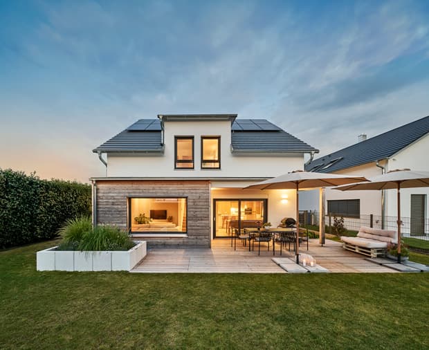Modernes zweistöckiges Haus mit weißen Wänden, Holzverkleidung, Solarpanelen, großer Terrasse und Garten bei Abenddämmerung