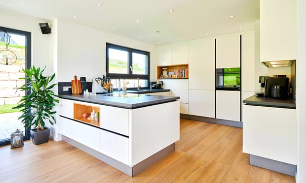 Moderne weiße Küche mit schwarzer Arbeitsplatte hellem Holzfußboden und großer Grünpflanze in heller Wohnumgebung