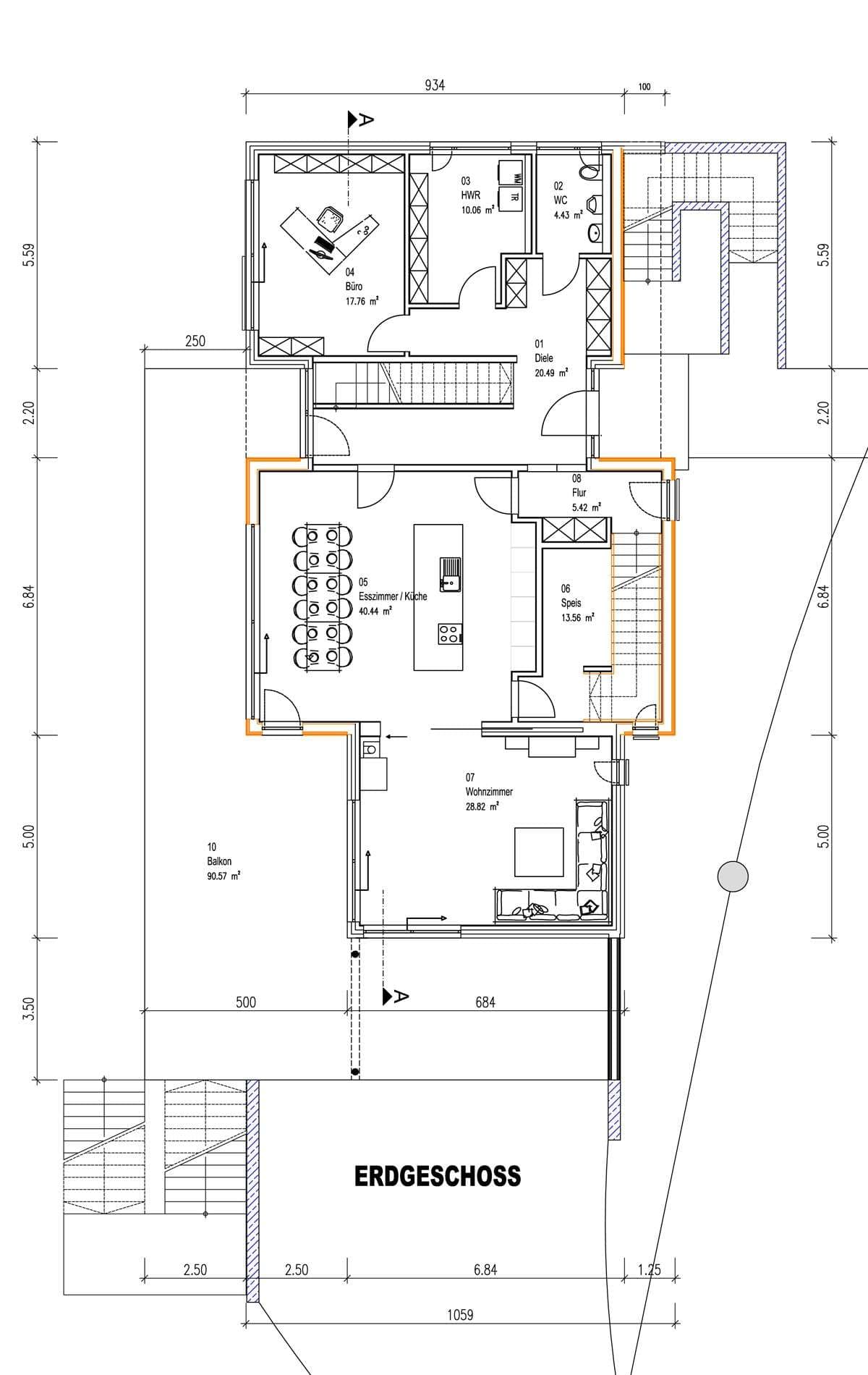 Der Grundriss des EGs des modernen Holzhauses mit drei Gebäudetrakten, davon zwei mit mineralischem Außenputz und einer mit Holzverschindelung, alle mit Flachdach und im Bauhausstil