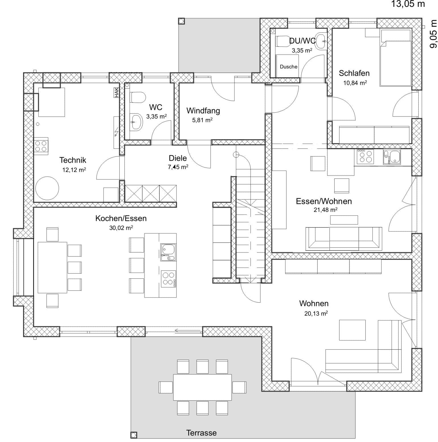 Grundriss eines modernen Musterhauses mit offener Küche, Wohn- und Essbereich, Schlafzimmer, Bad und Terrasse.