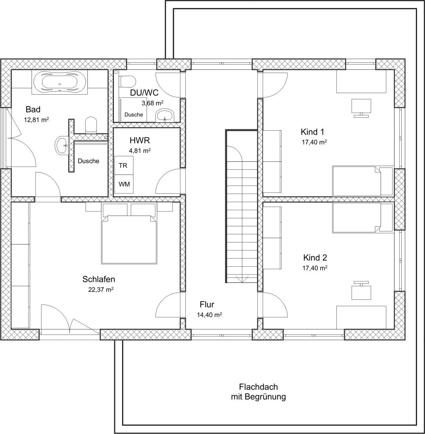 Grundriss des Obergeschosses im Musterhaus mit Schlafzimmer, zwei Kinderzimmern, Bad, WC und Hauswirtschaftsraum.
