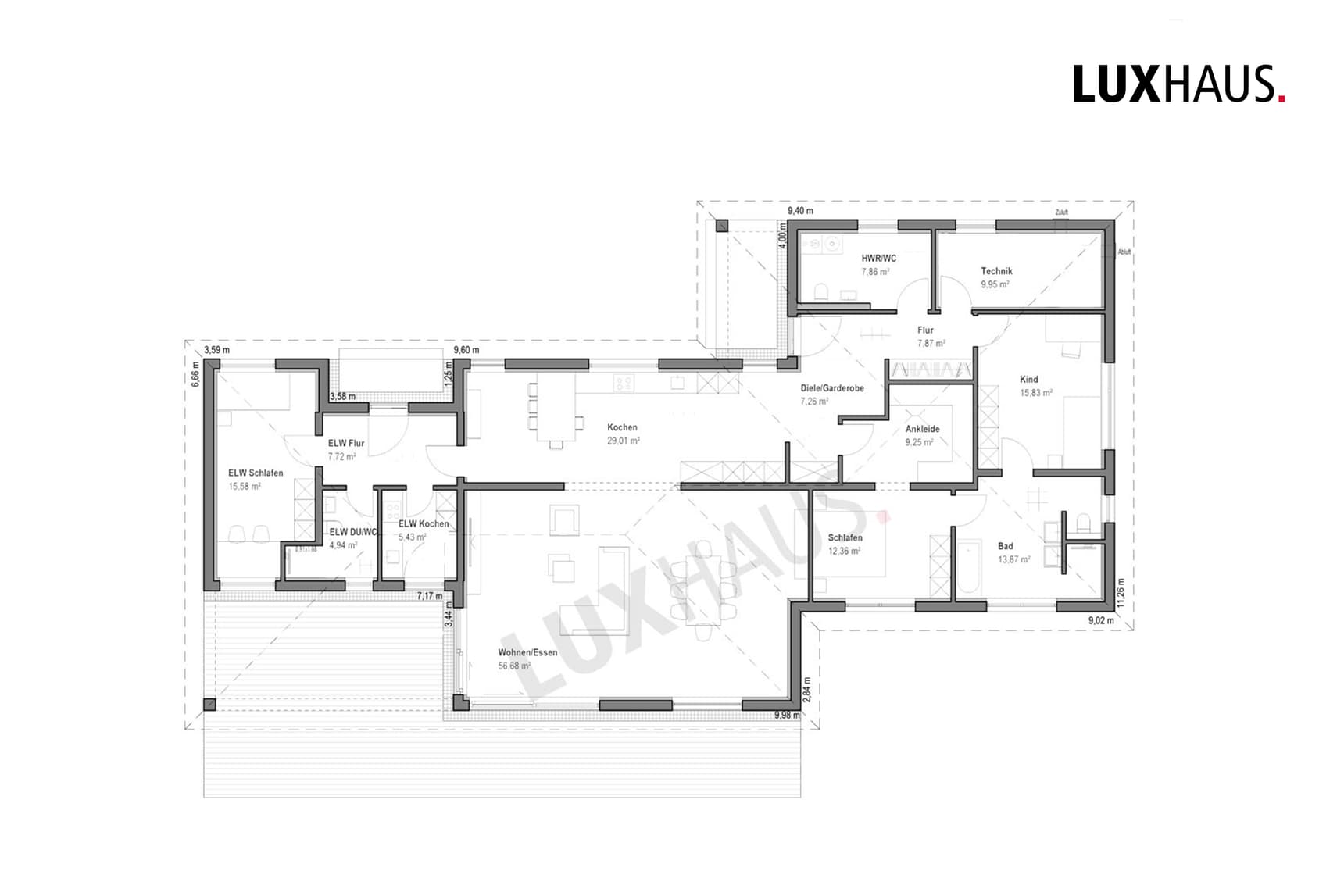 Grundriss LUXHAUS Bungalow Walmdach 205