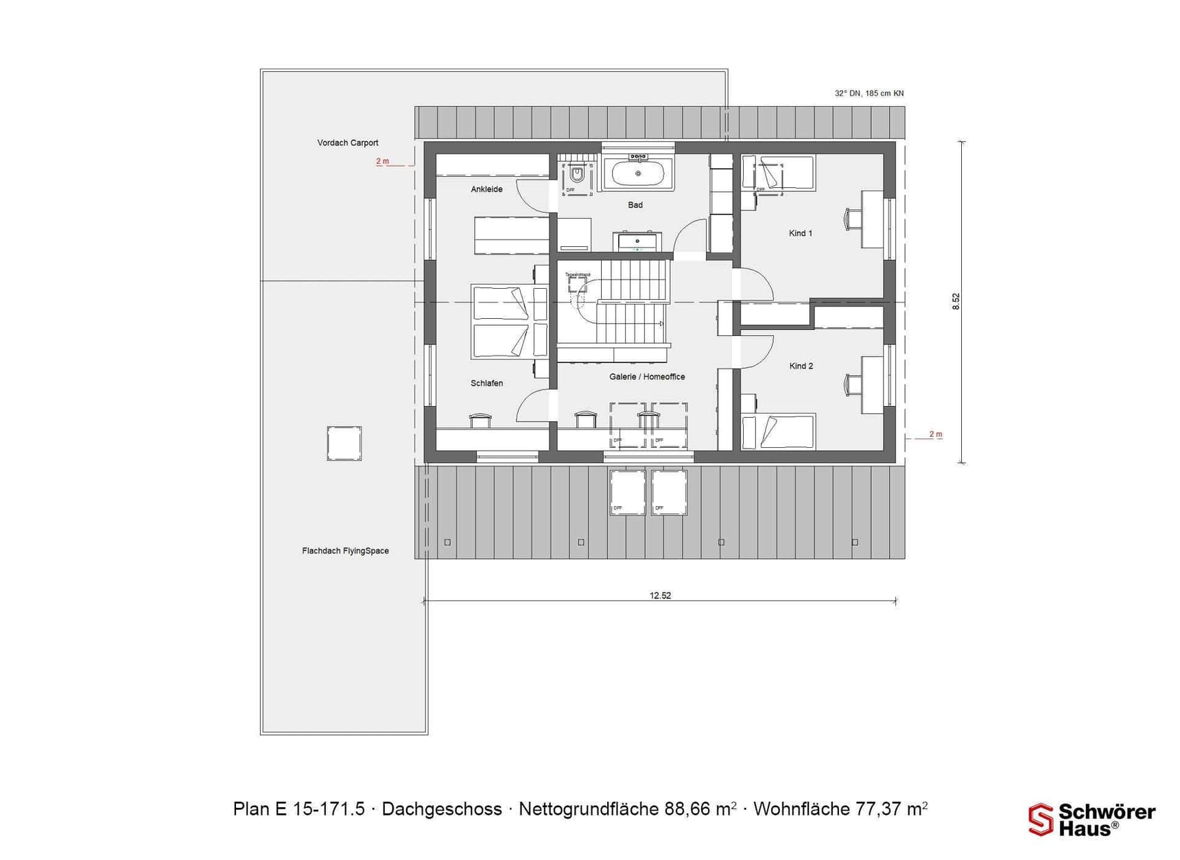 Grundriss des Dachgeschosses im modernen Musterhaus mit zwei Schlafzimmern, Bad, Ankleide und Galerie.