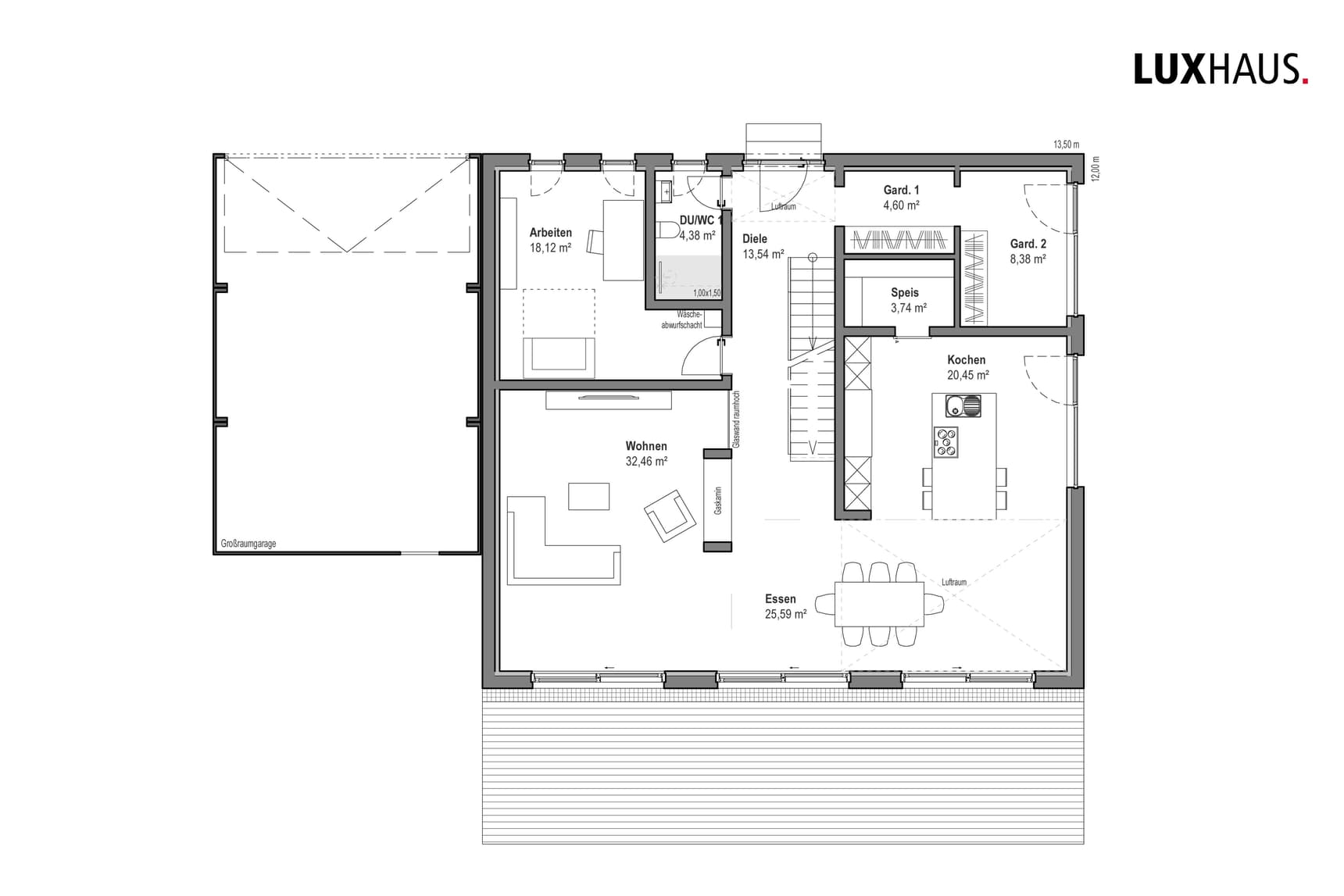 Grundriss Erdgeschoss Haus mit offenen Wohn-, Ess- und Kochbereich, Arbeitszimmer, Diele, Großraumgarage und Abstellräumen