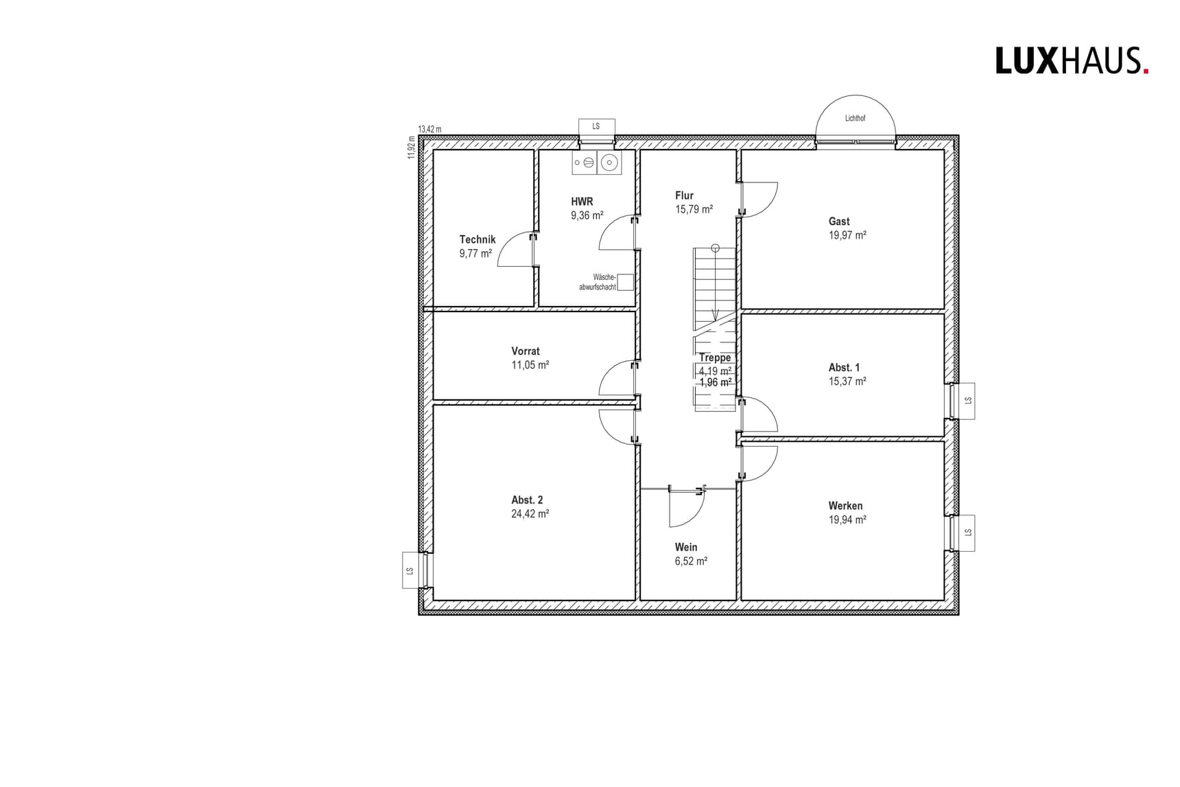 Grundriss Kellergeschoss mit Technikraum, Hauswirtschaftsraum, Vorrat, zwei Abstellräumen, Weinkeller, Arbeitszimmer und Gästezimmer von LUXHAUS