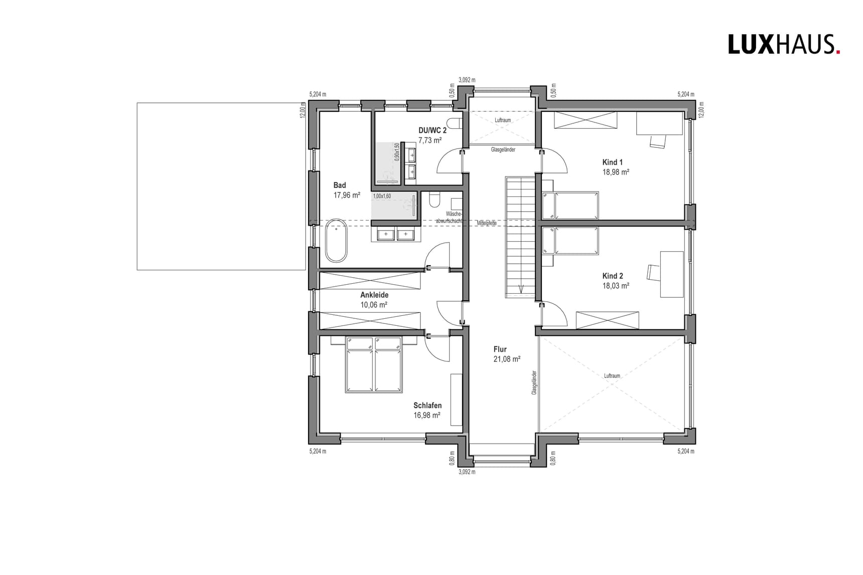 Grundriss Obergeschoss mit Schlafzimmer, Ankleide, Bad, zwei Kinderzimmern und Flur eines modernen Hauses