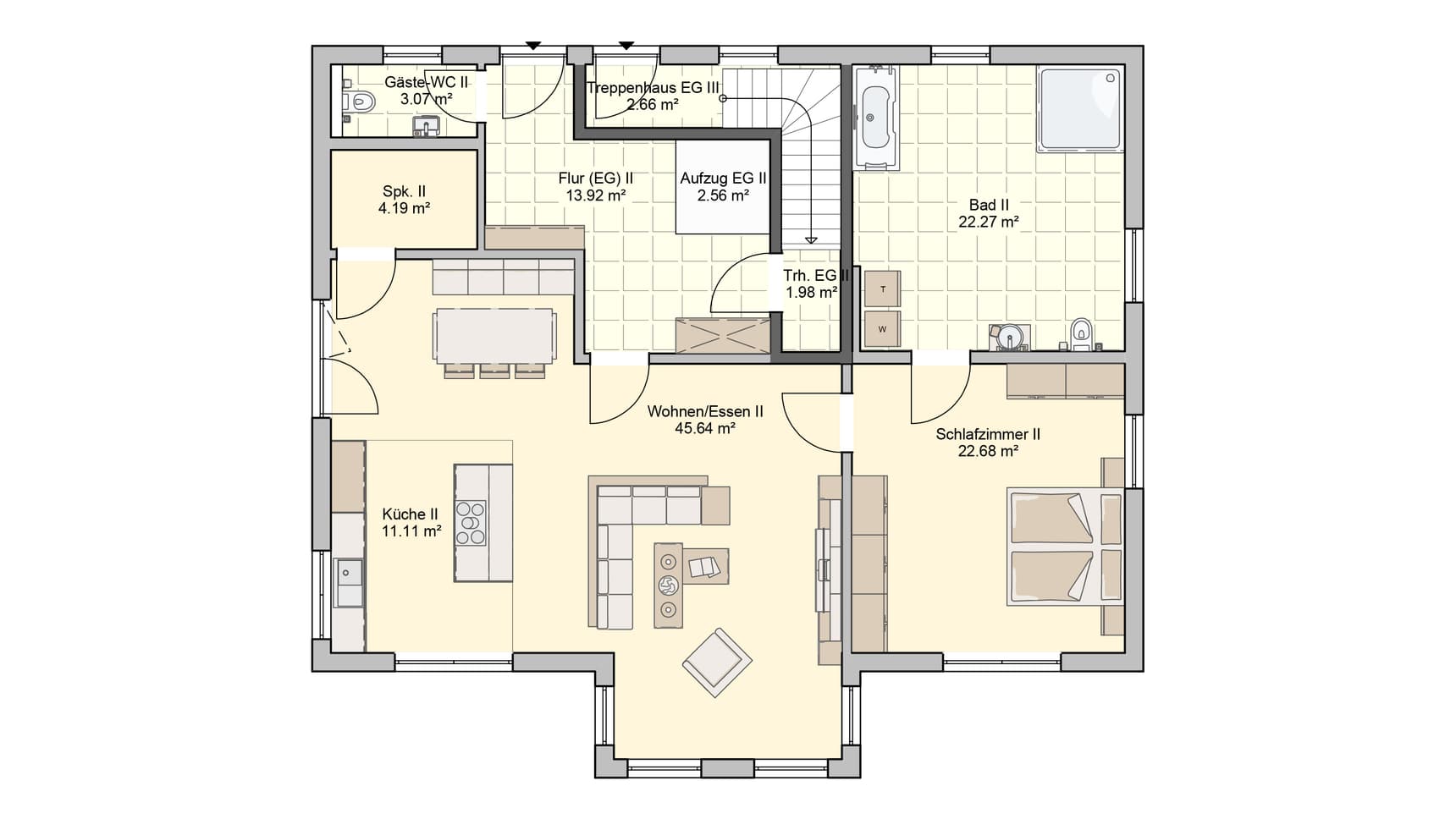Grundriss Erdgeschoss mit Küche, Wohnzimmer, Schlafzimmer, Bad, Gäste-WC, Flur und Treppenhaus in klarer Zeichnung