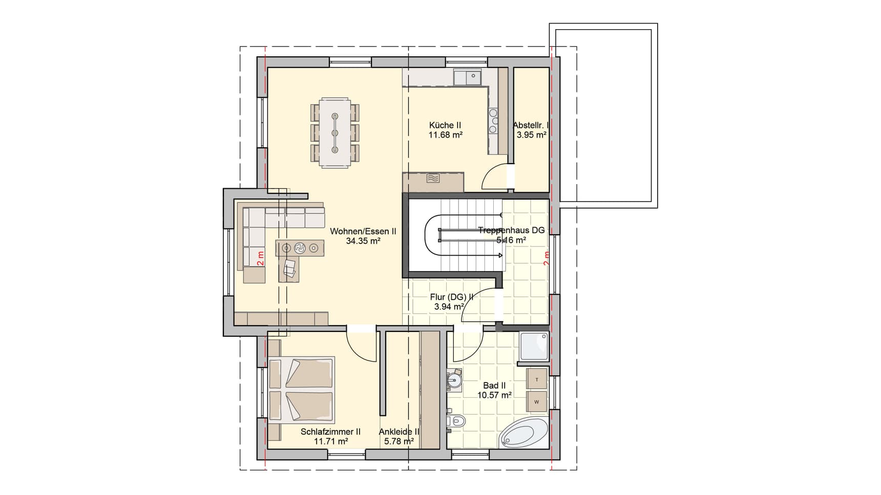 Grundriss des Obergeschosses mit Wohnzimmer, Küche, Schlafzimmer, Ankleide, Bad und Treppenhaus in moderner Wohnplanung