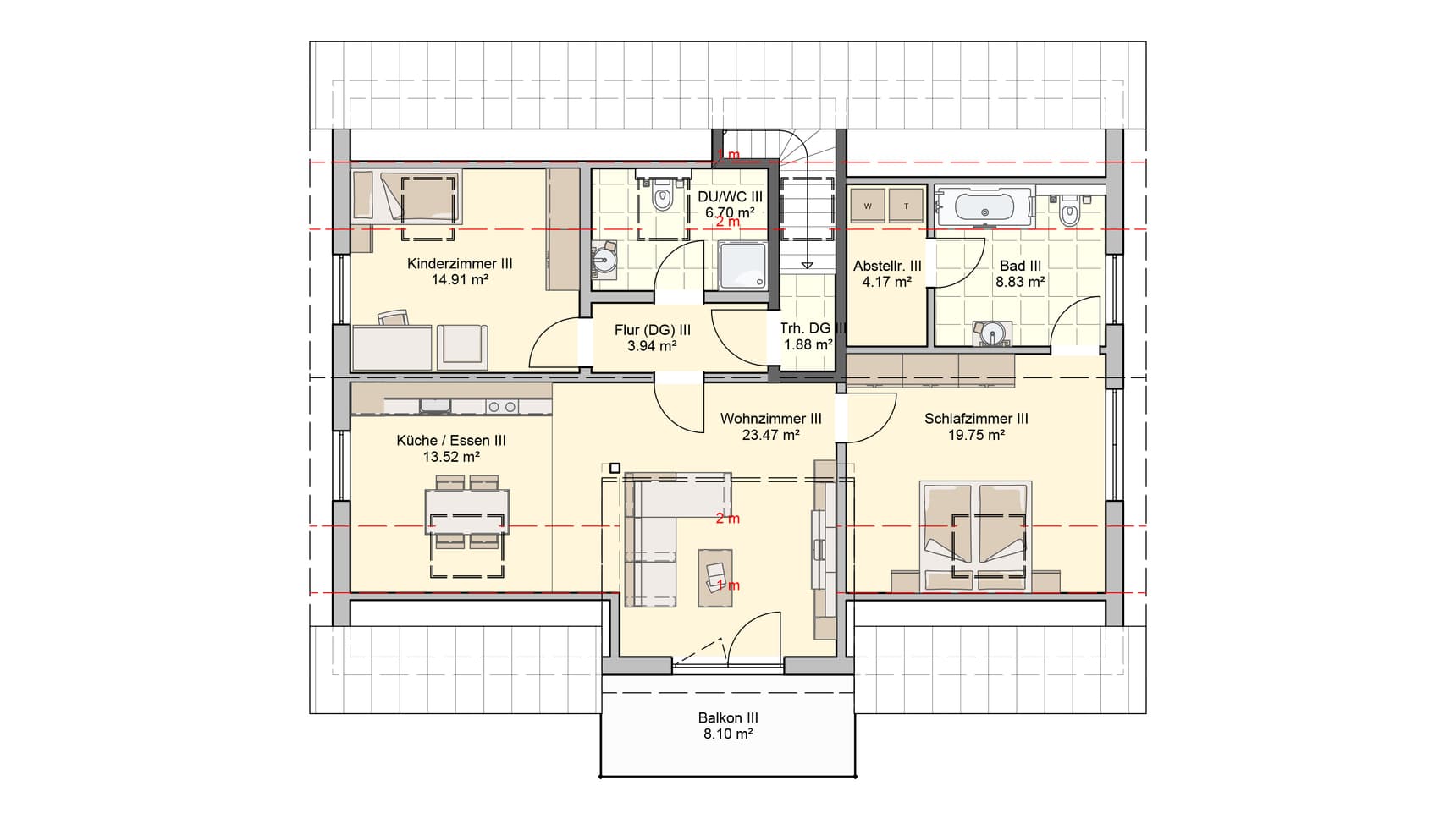 Grundriss Dachgeschoss mit Kinderzimmer, Küche, Wohnzimmer, Schlafzimmer, zwei Bädern, Flur, Abstellraum und Balkon in Farbskizze