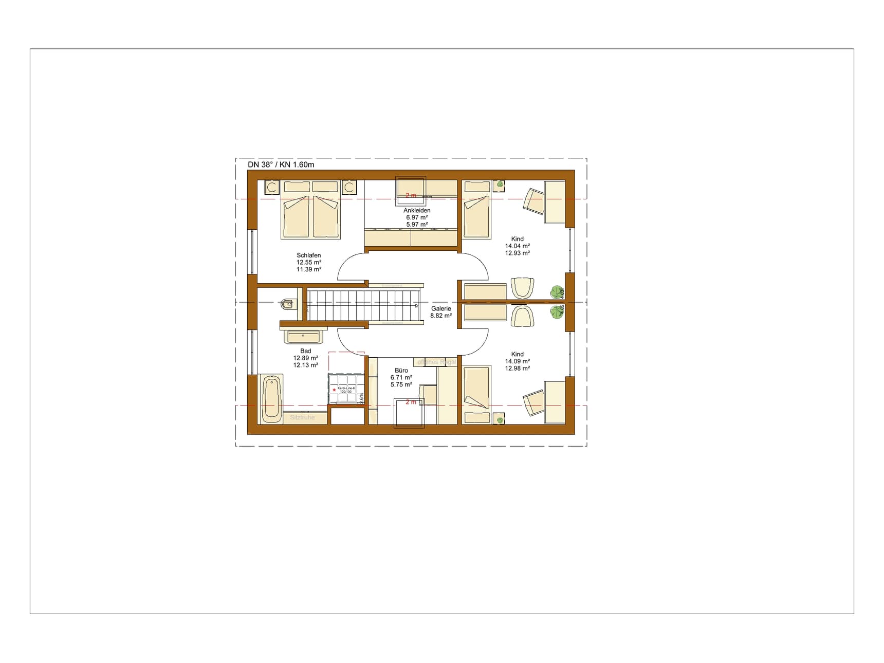 Grundriss eines Obergeschosses mit Schlafzimmer, zwei Kinderzimmern, Bad, Büro, Ankleidezimmer und Galerie in Braun und Beige