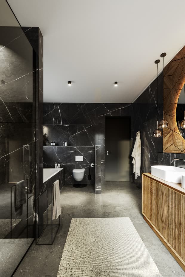 Modernes Badezimmer mit schwarzer Marmorwand, grauem Boden, freihängendem WC und Holzwaschbeckenunterschrank