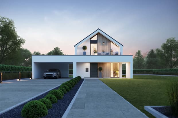 Modernes Einfamilienhaus mit großen Fenstern und Holzverkleidung.