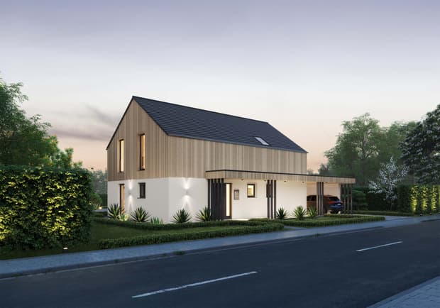 Modernes Einfamilienhaus mit Holzverkleidung und weißem Putz, Carport, beleuchteter Vorgarten und ruhige Wohnstraße am Abend