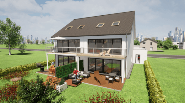 Modernes zweistöckiges Einfamilienhaus mit großem Balkon, Terrasse, Garten und angrenzendem Sitzbereich in grüner Wohngegend