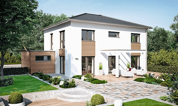 Modernes zweistöckiges Haus mit weißer Fassade und Holzverkleidung in gepflegtem Garten mit Terrasse und Einfahrt