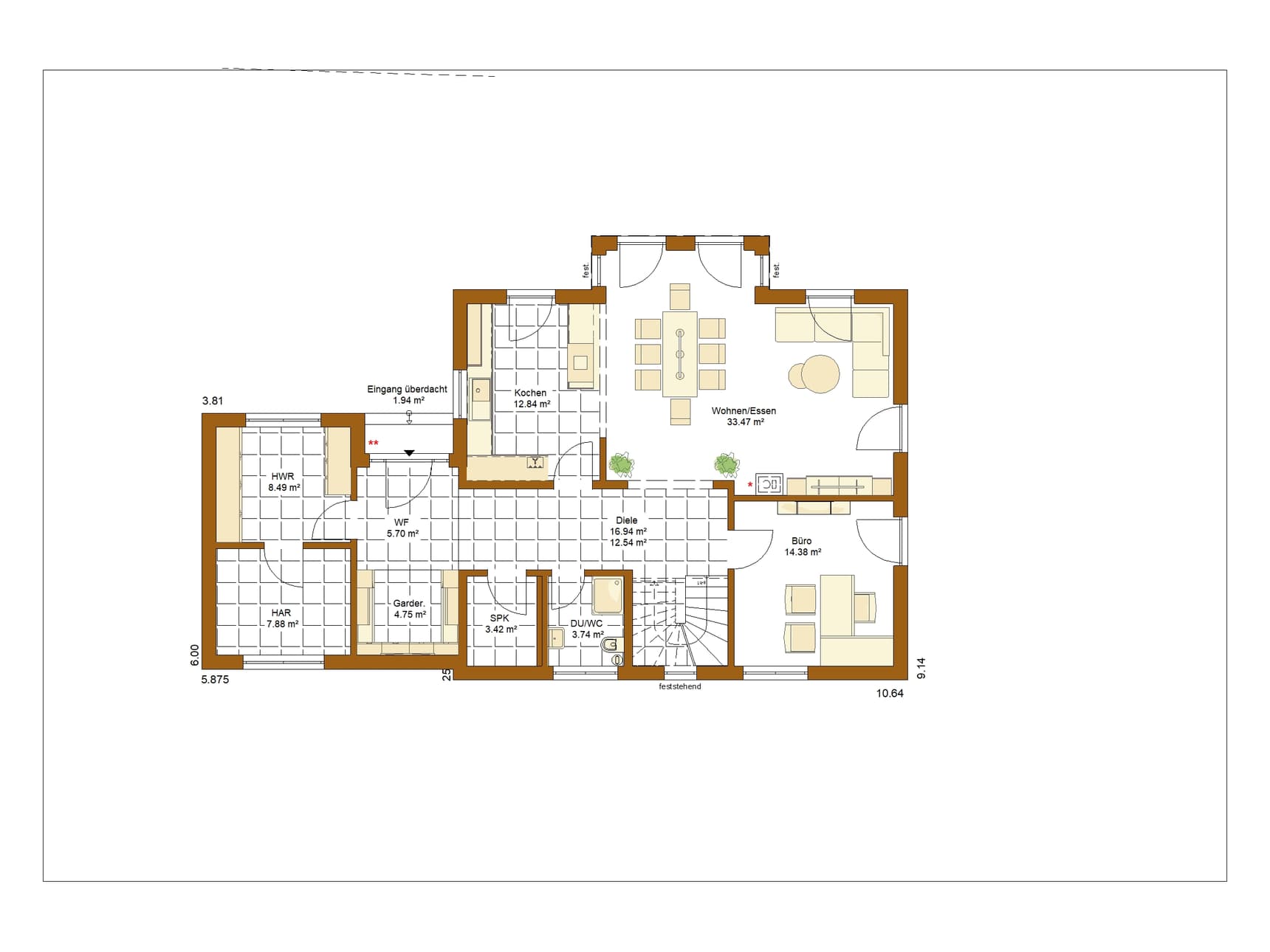 Grundriss Erdgeschoss mit Küche, Wohnzimmer, Essbereich, Büro, Hauswirtschaftsraum und Flur in neutralen Farben und Maßen