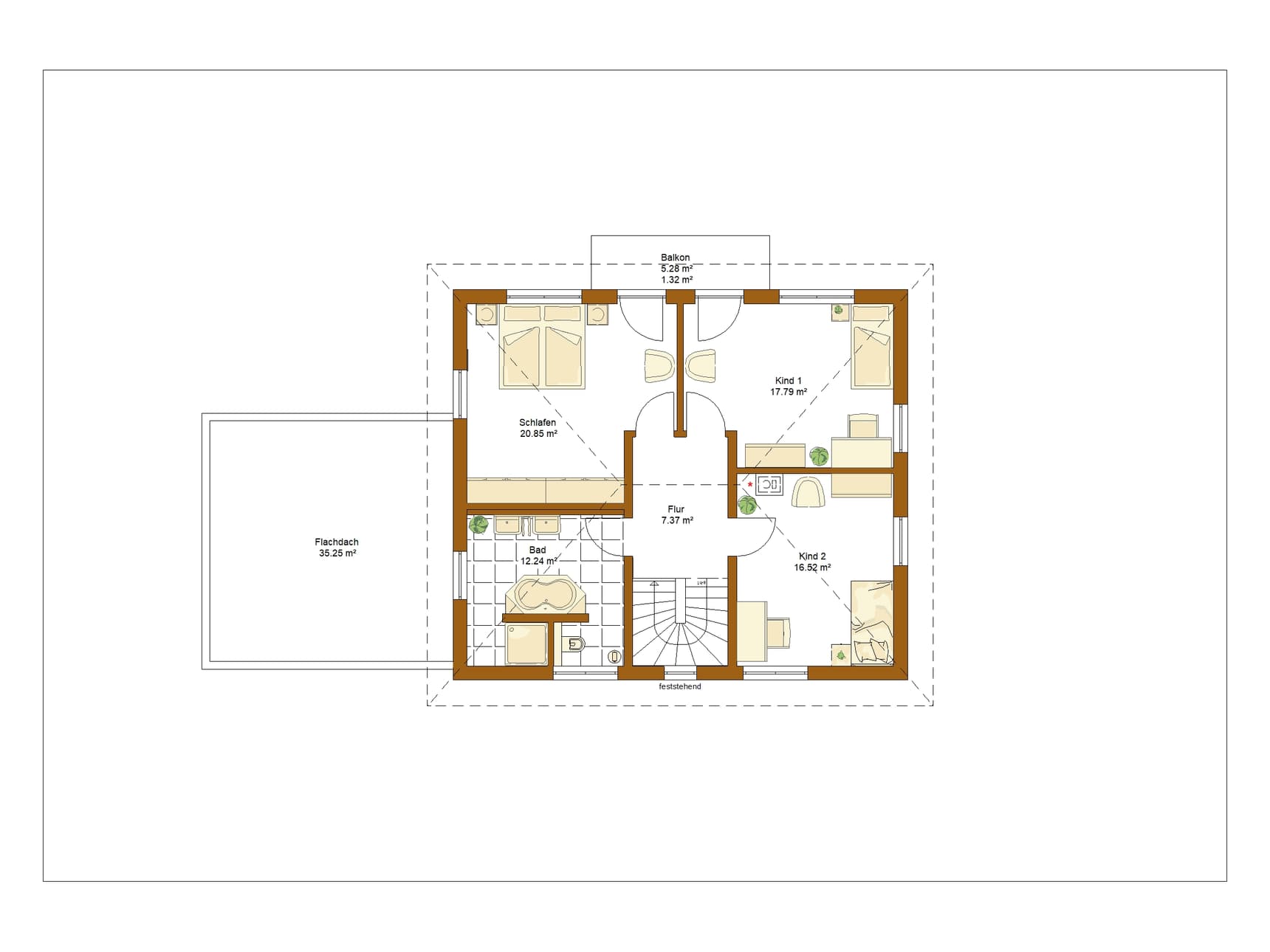 Grundriss Obergeschoss mit Schlafzimmer, zwei Kinderzimmern, Badezimmer, Flur und Balkon in Braun und Beigezeichnung