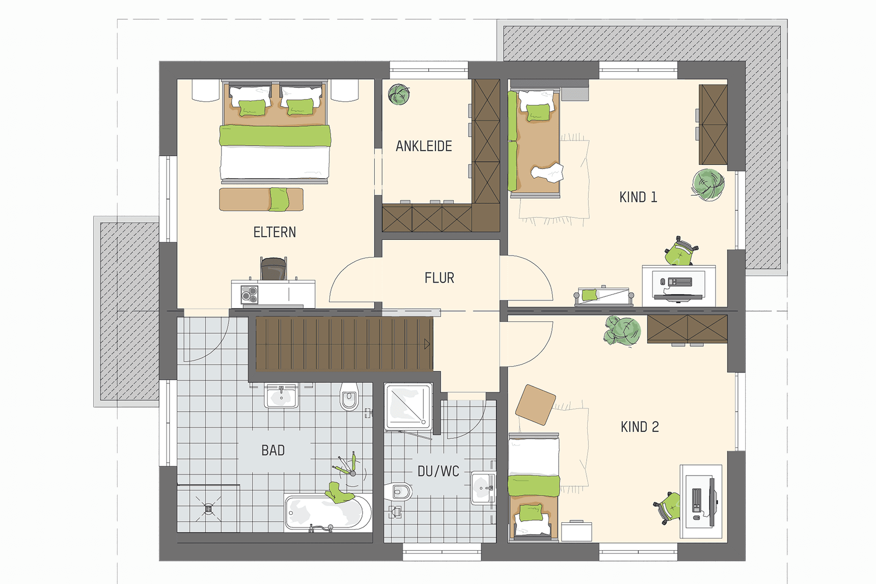 Grundriss Obergeschoss Musterhaus mit Elternschlafzimmer, Ankleide, zwei Kinderzimmern, Bad, Dusche und Flur.