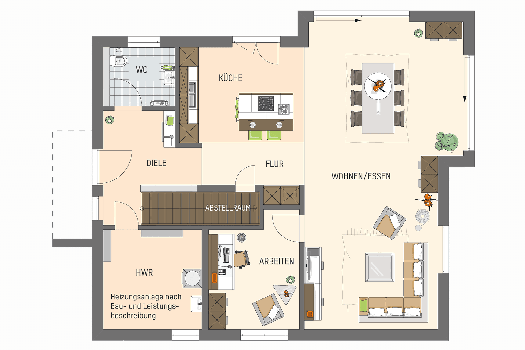 Grundriss Erdgeschoss Musterhaus mit offener Küche, Wohn- und Essbereich, Arbeitszimmer, WC und Hauswirtschaftsraum.