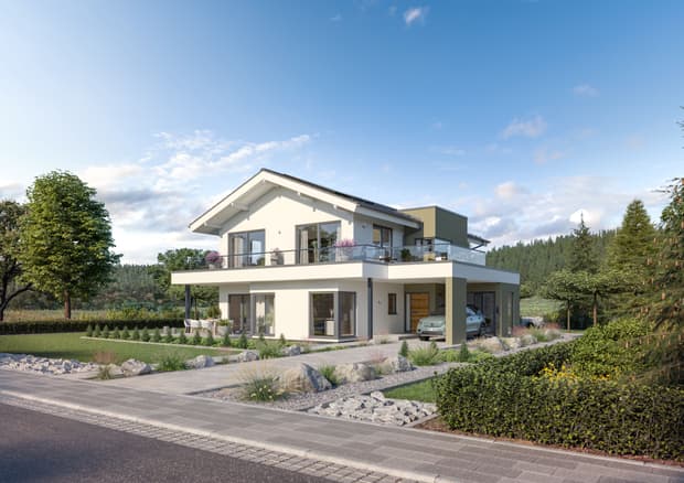 Modernes Musterhaus mit Flachdach, großer Terrasse, Balkon, Carport und gepflegtem Garten in ruhiger Wohnlage.