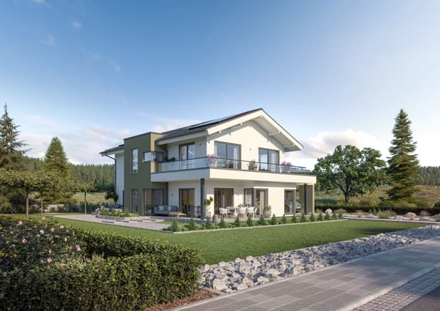 Modernes zweistöckiges Musterhaus mit Balkon, Terrasse, großem Garten und nachhaltiger Architektur in ruhiger Umgebung.