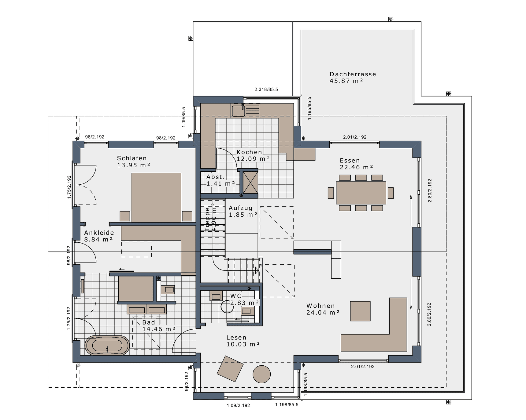 Grundriss des Musterhauses mit Schlafzimmer, Ankleide, Bad, Wohn- und Essbereich, Küche, WC, Leseecke und Dachterrasse.