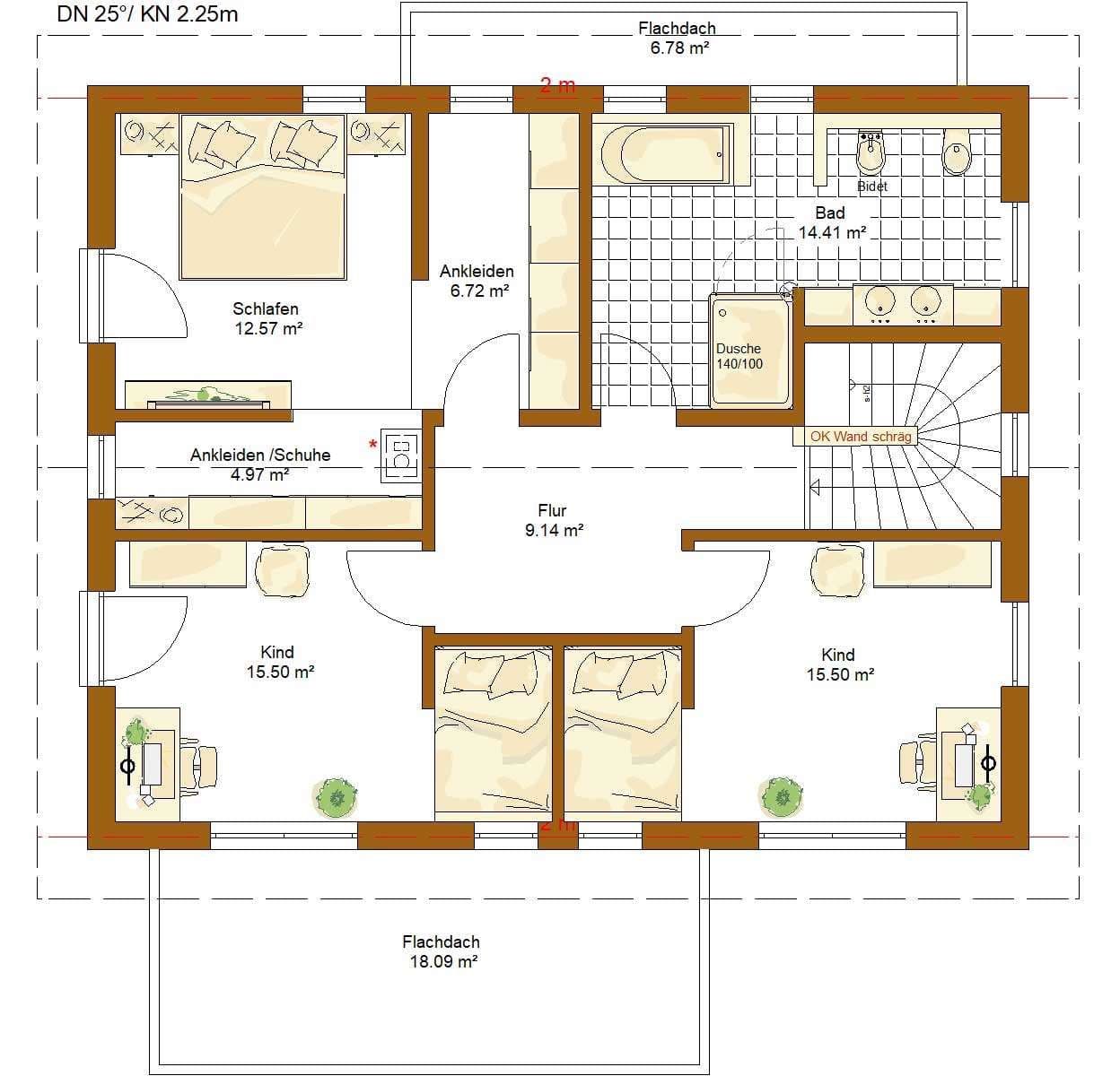 Grundriss des Obergeschosses im modernen Musterhaus mit Schlafzimmer, zwei Kinderzimmern, Bad und Ankleide.