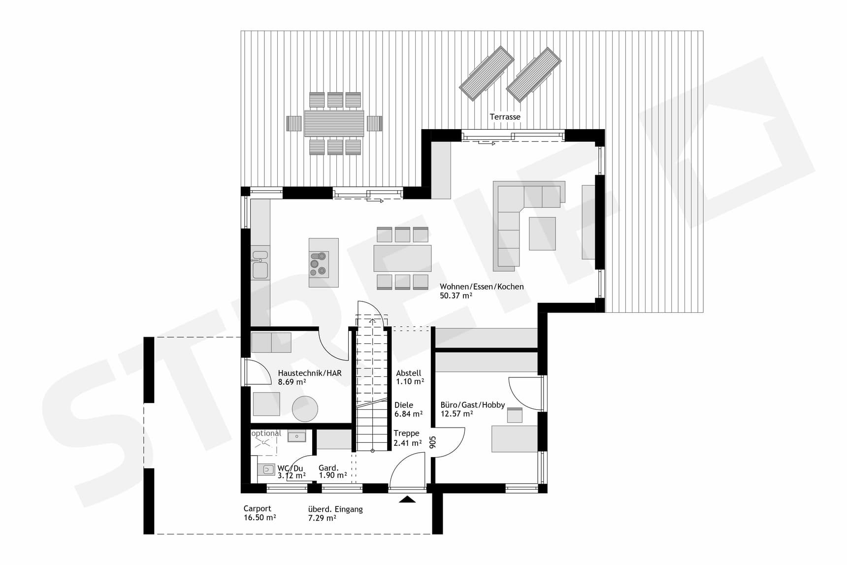 Fertighaus Stadtvilla Grundriss Erdgeschoss kompakt zentraler Flur offene Küche Wohnen Essen Terrasse Büro Haustechnik Carport Eingang