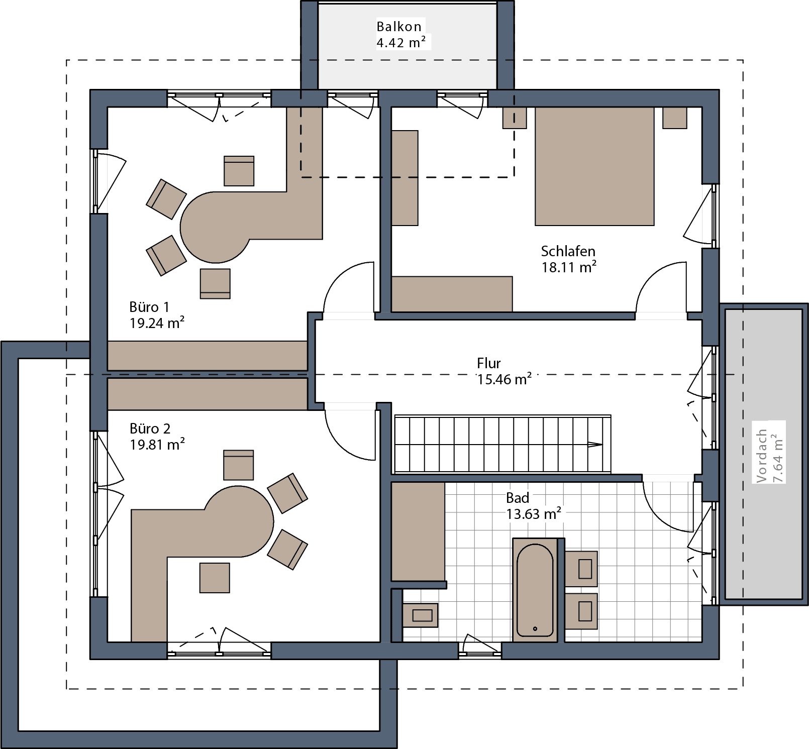 Grundriss Obergeschoss Musterhaus mit Schlafzimmer, zwei Büros, Bad, Flur, Balkon und Zugang zur Treppe.