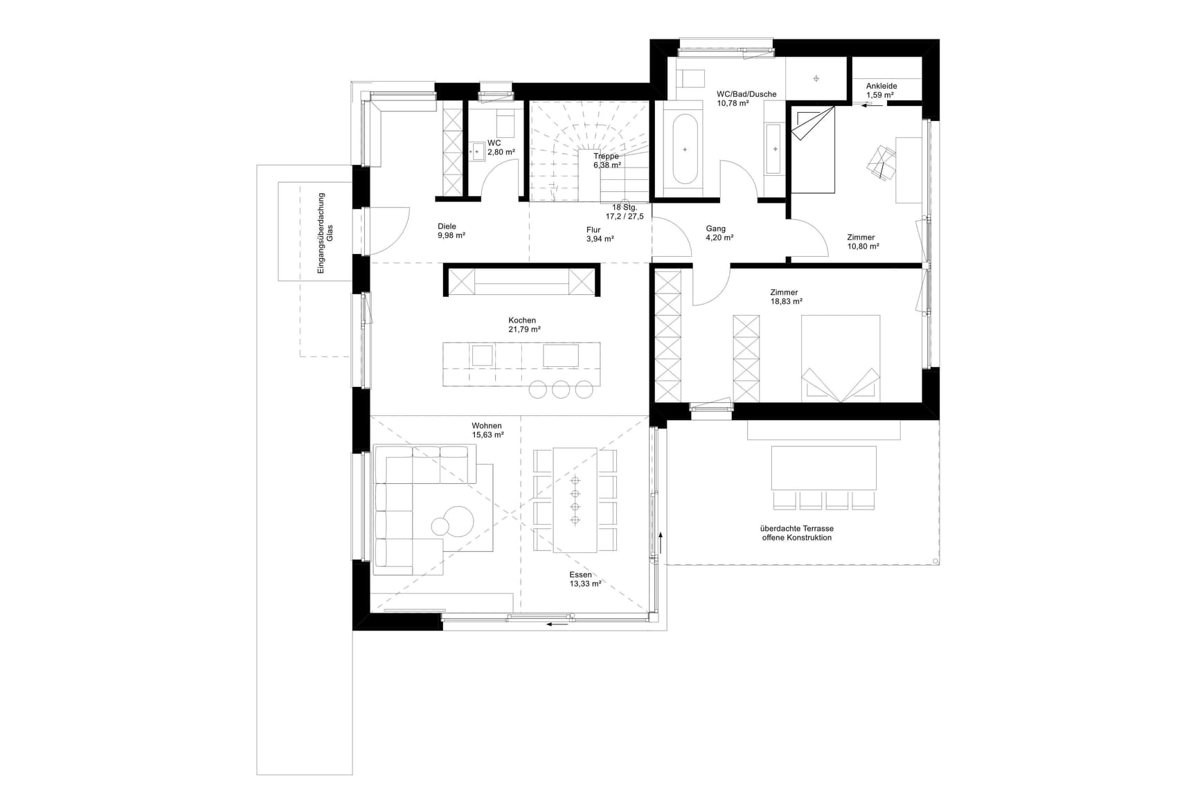 Grundriss Erdgeschoss Musterhaus mit offener Küche, Wohn- und Essbereich, Schlafzimmer, Bad und überdachter Terrasse.