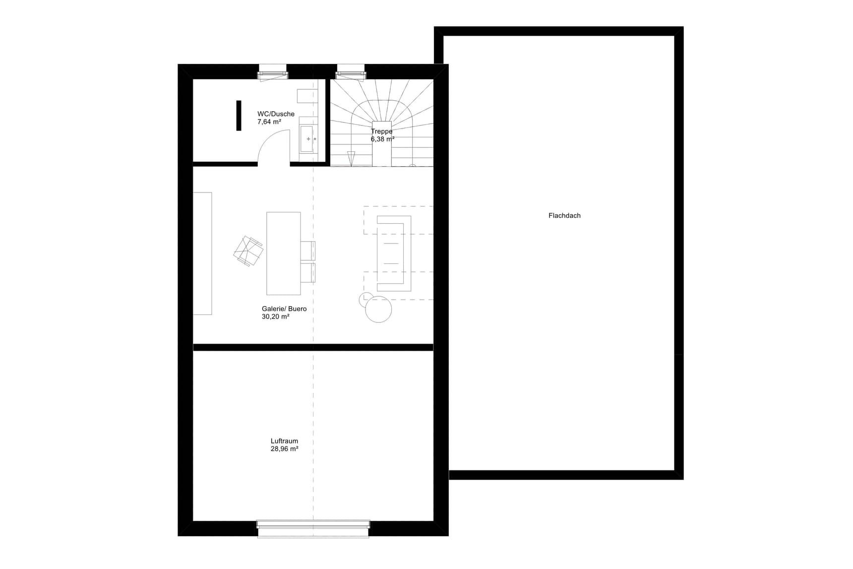 Grundriss Erdgeschoss Musterhaus mit Galerie, Luftraum, WC-Dusche, Treppe und angrenzendem Flachdachbereich.