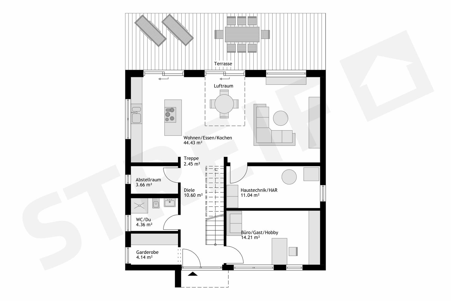Fertighaus Stadtvilla Grundriss Erdgeschoss mit offener Wohnküche, Büro, HAR, WC mit Dusche, Diele und Terrasse