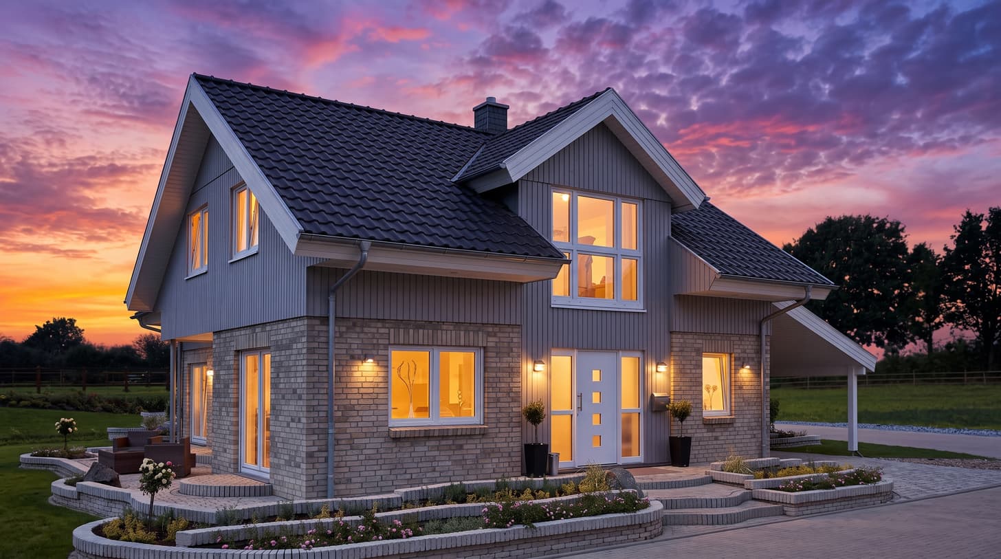 Modernes Einfamilienhaus mit Holzverkleidung und Ziegeldach bei Sonnenuntergang mit beleuchteten Fenstern und gepflegtem Vorgarten