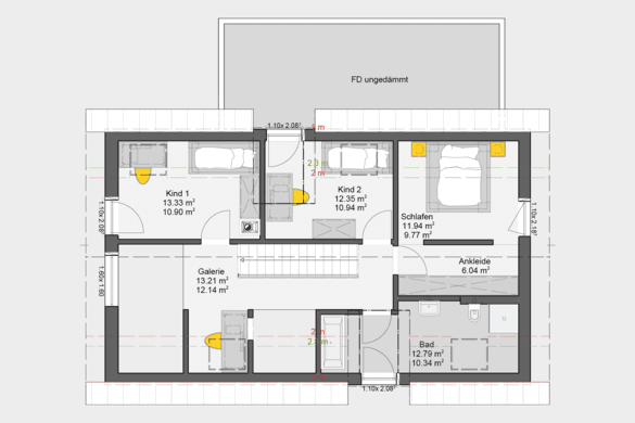 Grundriss Obergeschoss Musterhaus mit zwei Kinderzimmern, Schlafzimmer, Ankleide, Bad und Galerie mit Treppenaufgang.