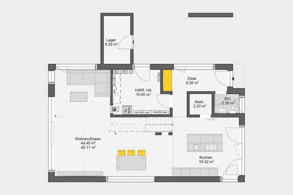 Grundriss Erdgeschoss Musterhaus mit Wohn-Essbereich, Küche, Diele, WC, Abstellraum, Hauswirtschaftsraum und Lager.