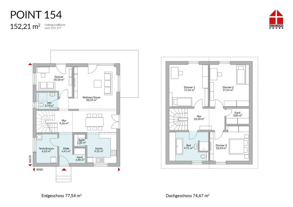 Grundriss eines Einfamilienhauses mit Erd- und Obergeschoss
