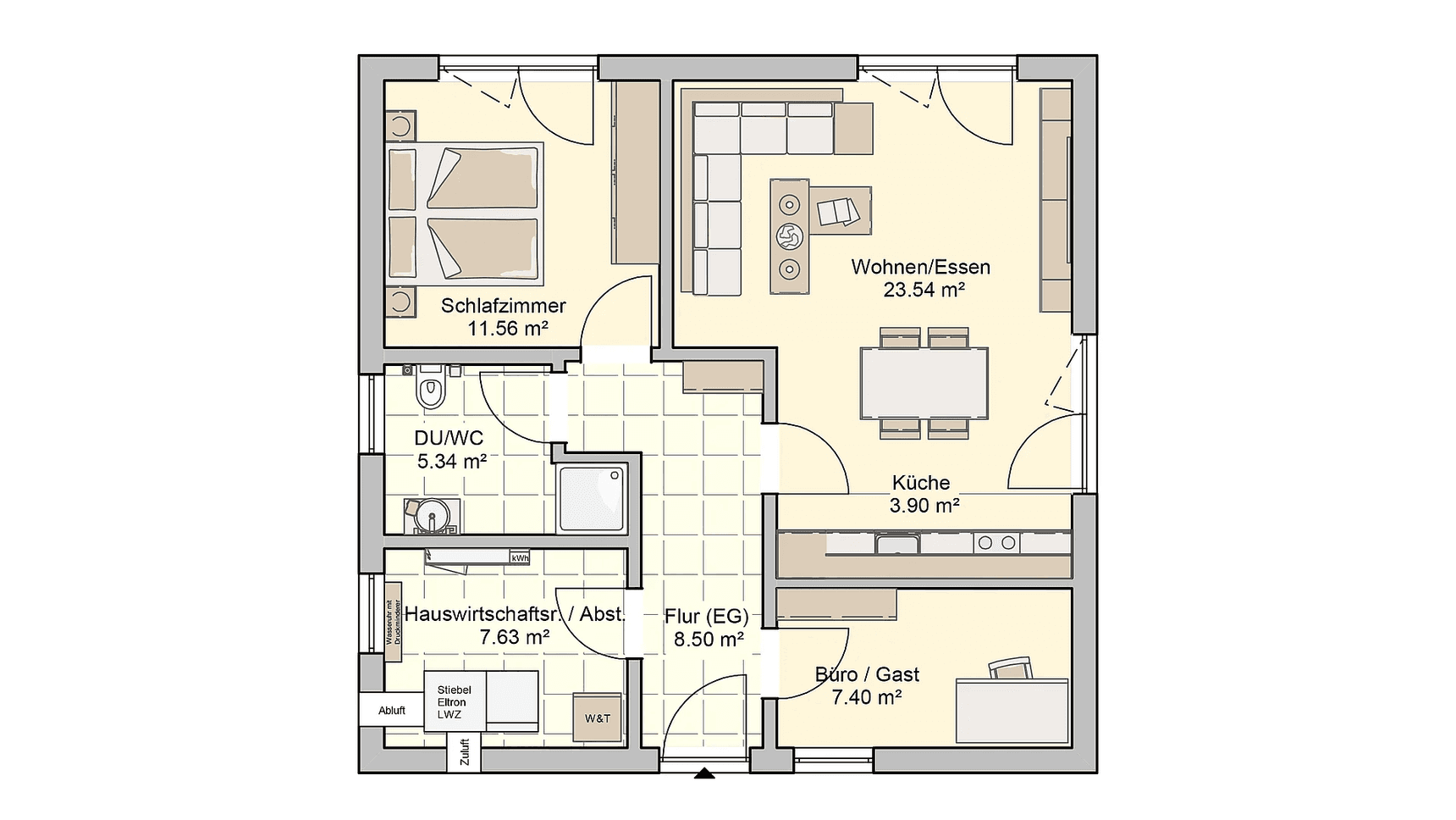 Grundriss Erdgeschoss mit Schlafzimmer, Wohnzimmer mit Essbereich und Küche, Büro, Bad und Hauswirtschaftsraum in neutralen Farben