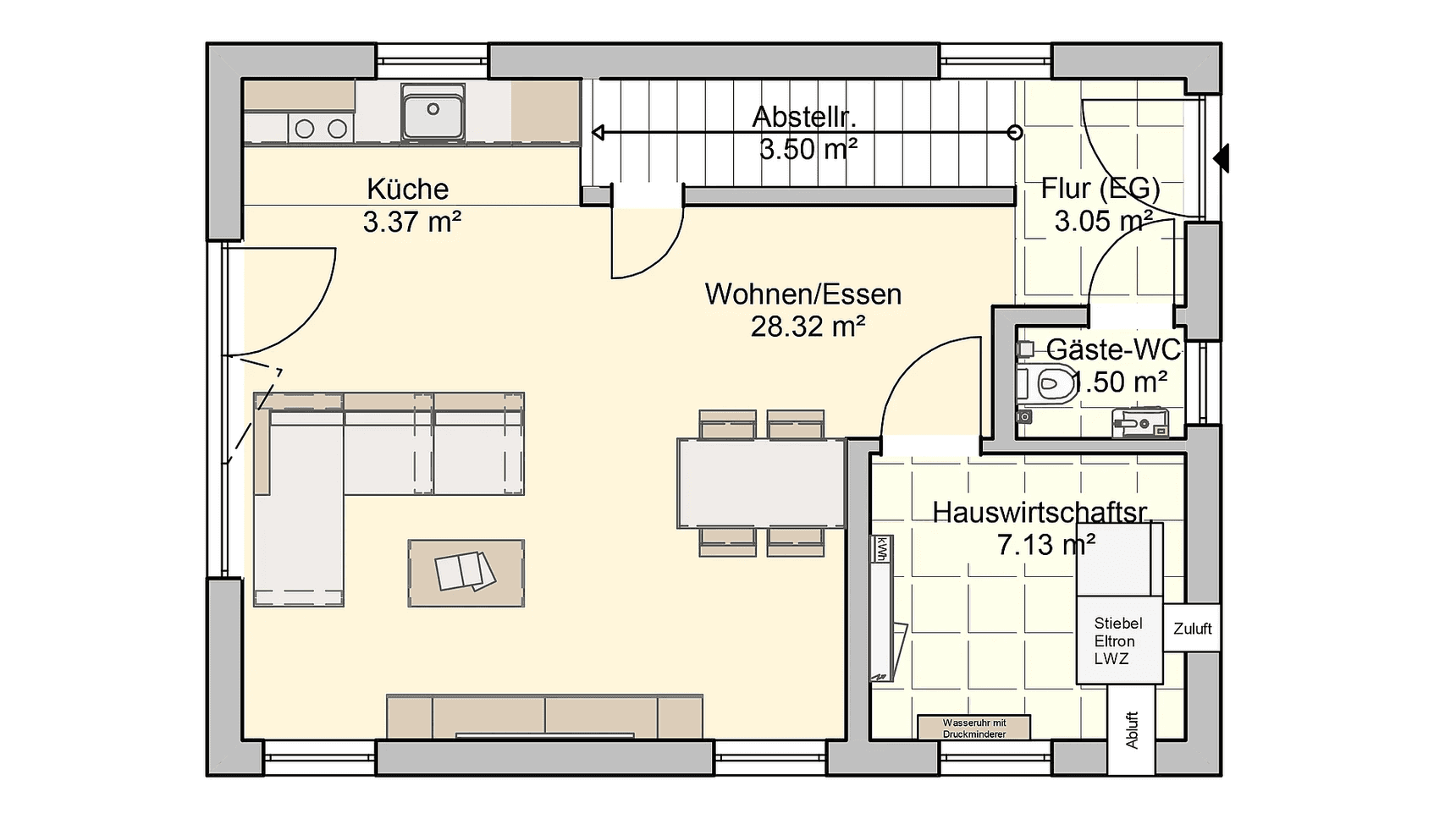 Grundriss eines Erdgeschosses mit Küche, Wohn-Essbereich, Hauswirtschaftsraum, Gäste-WC und Flur in neutralen Farben